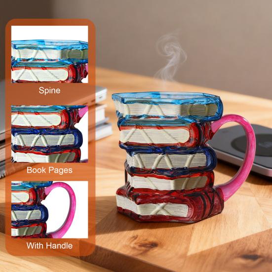 Picture Book Coffee Cup 3D Book Stacking Novel Inspired Mug 420ml Hand-Drawn Artistic Literary Mug for Book Lovers Teachers Librarians