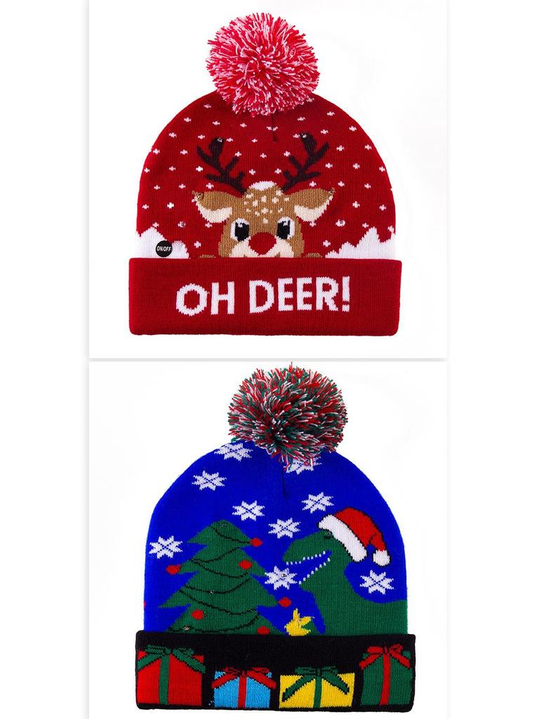 Festive Knitted Jacquard Pom-Pom Christmas Hat with Lights