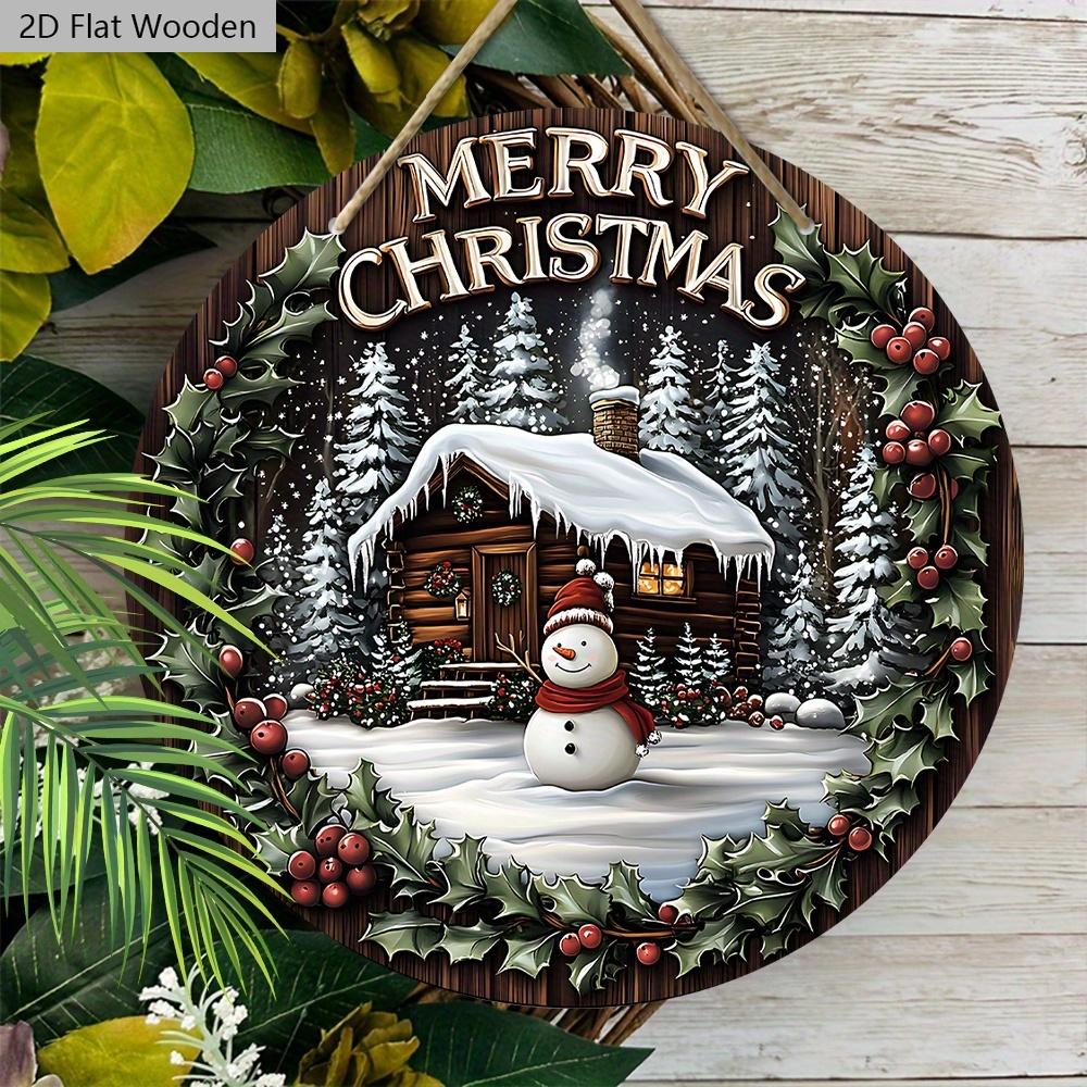 Warm Winter Wooden Christmas Sign with Snow House & Snowman Pattern - Navidad Round Sign for Front Door Wall Hanging Decor - Ideal Christmas Gift