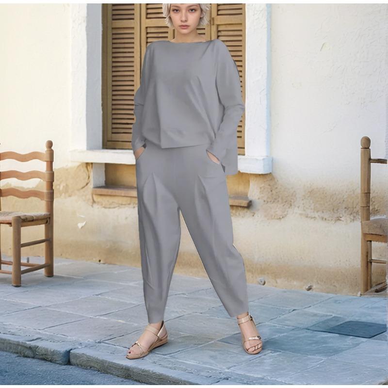 Модная повседневная рубашка с круглым вырезом и длинным рукавом, комплект из двух частей, свободные брюки, осенний однотонный костюм больших размеров с карманами, женская одежда 1846