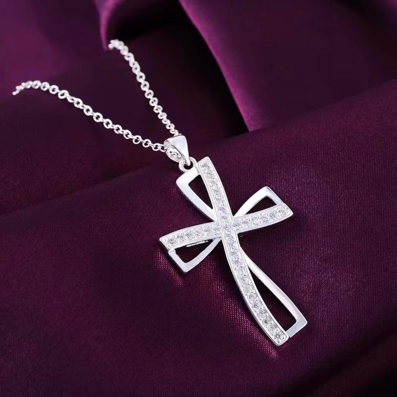 925 Sterling Silver 18 Inch Chain Cross AAAAA Zircon Pendant Necklace for Woman Fashion Wedding Party Charm Jewelry