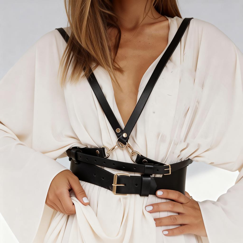 Кожаная шлейка-боди для женщин - Гот-панк дизайн с цепями, Регулируемая посадка, Идеально для EDM-фестивалей