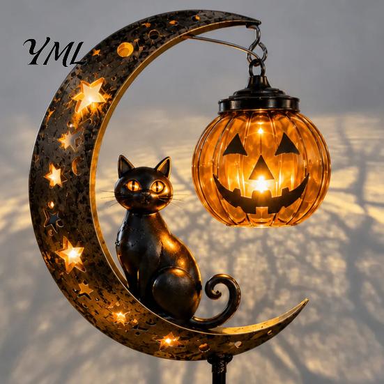 Outdoor Seasonal Decorations for Front Yard Solar Halloween Black Cat & Pumpkin Moon Garden Stake Light, Waterproof on Easy Install Ground Insert