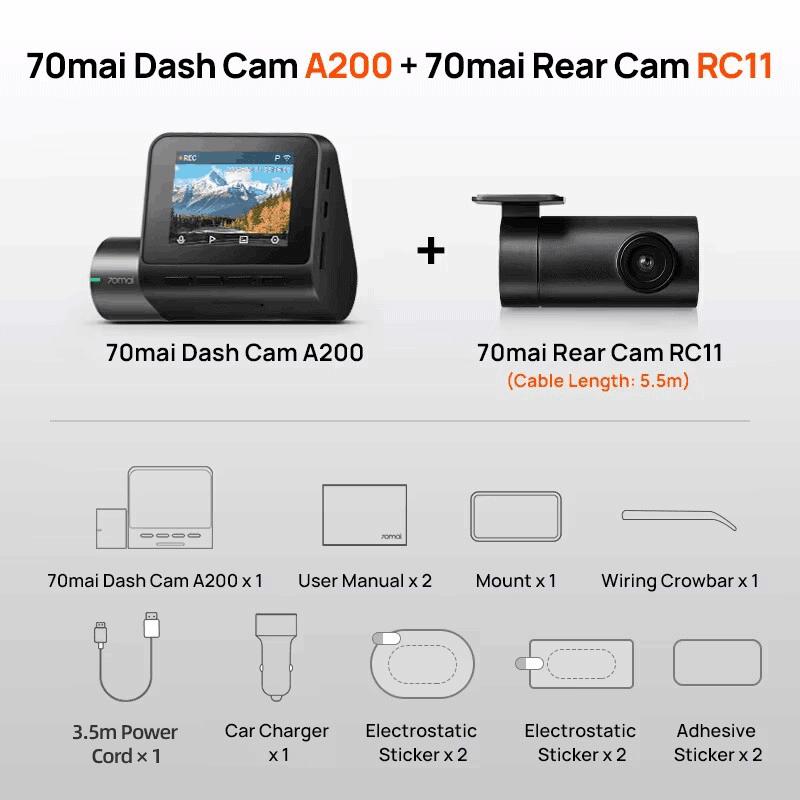 Глобальный 70mai Dash Cam A200 Двухканальная запись 1080P HDR 2'' IPS экран 24H Парковочный монитор 70mai Car DVR A200 WIFI APP 130° FOV