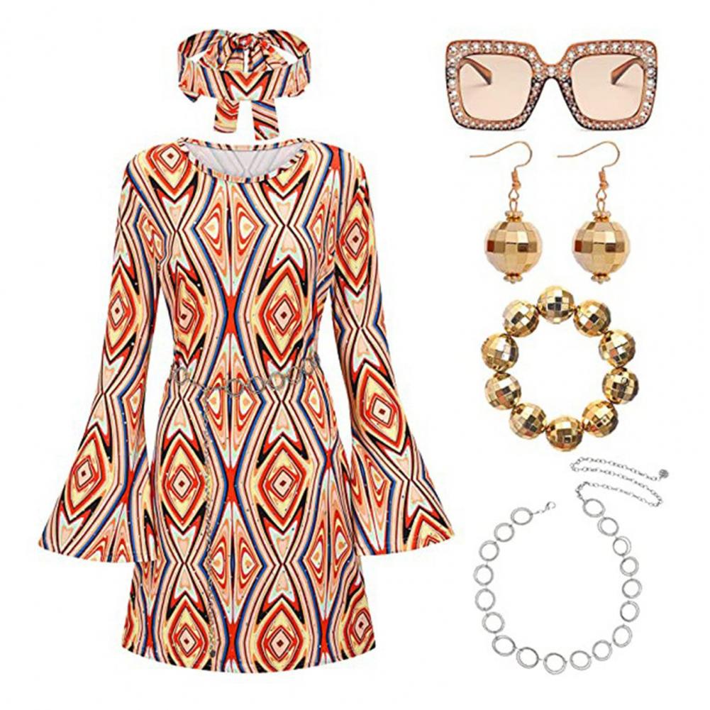 Женский комплект с платьем и повязкой на голову, ретро-платье с пайетками и рукавами-колокольчиками для женщин, костюм для Хэллоуина, диско-танцевальная вечеринка с повязкой на голову