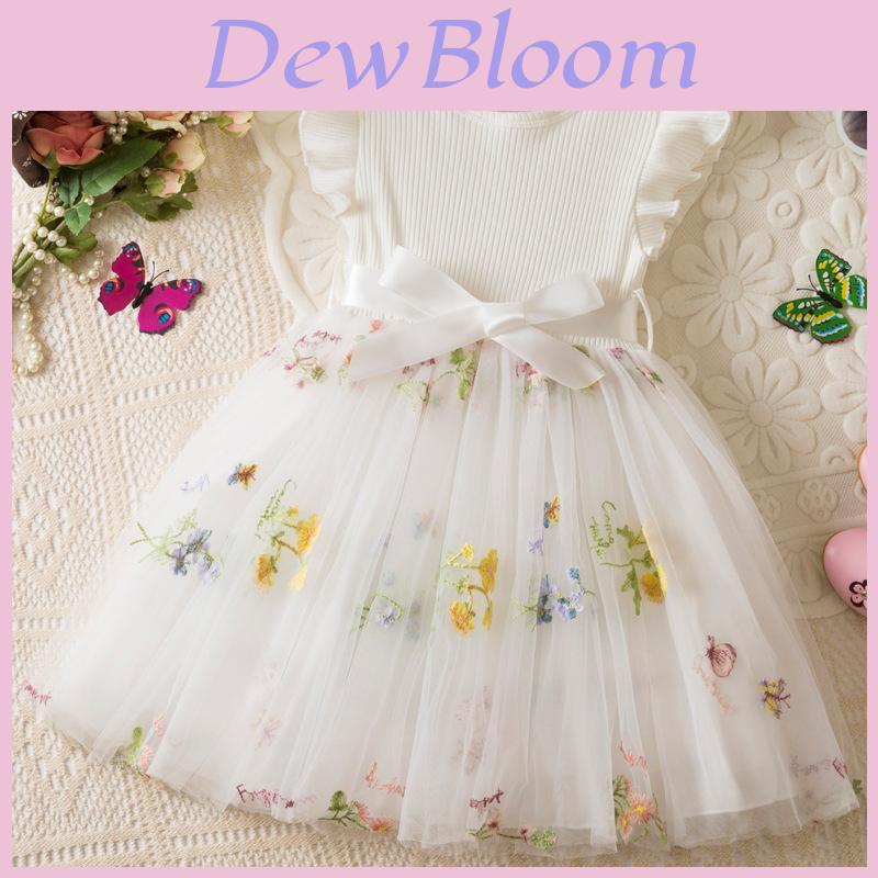 Summer Girl Flower Embroidered Mesh Dress With Bow For Toddler Girls