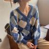 Y2K Женская вязаная куртка оверсайз, винтажный кардиган с рисунком Аргайл, свитер, однобортный джемпер в клетку в Корейском стиле, осень