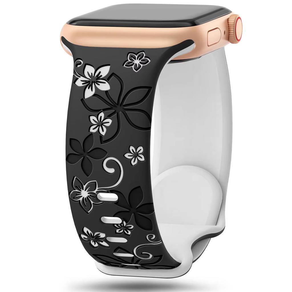 Силиконовый Ремешок Для Apple Watch Ремешок Ultra2 3 49мм 41мм 40мм 44мм 45мм 46мм Браслет с Цветочным Гравированием iWatch Серии 10 SE 9 8 7 3