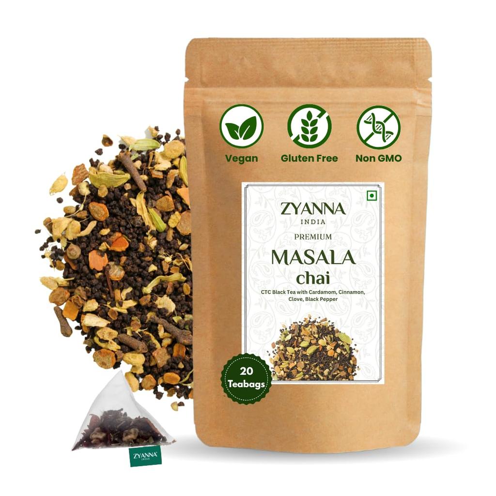 Zyanna Masala Chai - Чай Ассам с Кардамоном, Корицей, Гвоздикой, Имбирем и Черным Перцем | 40 Пакетиков | Аутентичный Индийский Масала Чай | Насыщенный, Пряный & А