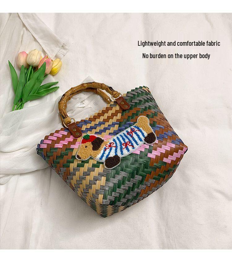 Плетеная сумка-тоут для щенка таксы с бамбуковой ручкой, винтажная пляжная сумка