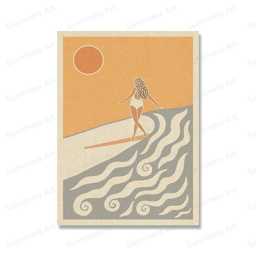 Wave Chaser Surf Girl Холст Картина Закат Пляжный Дом Прибрежные Растения Принты Скандинавские Плакаты для Серфинга Хижины Домашний Декор Фотографии