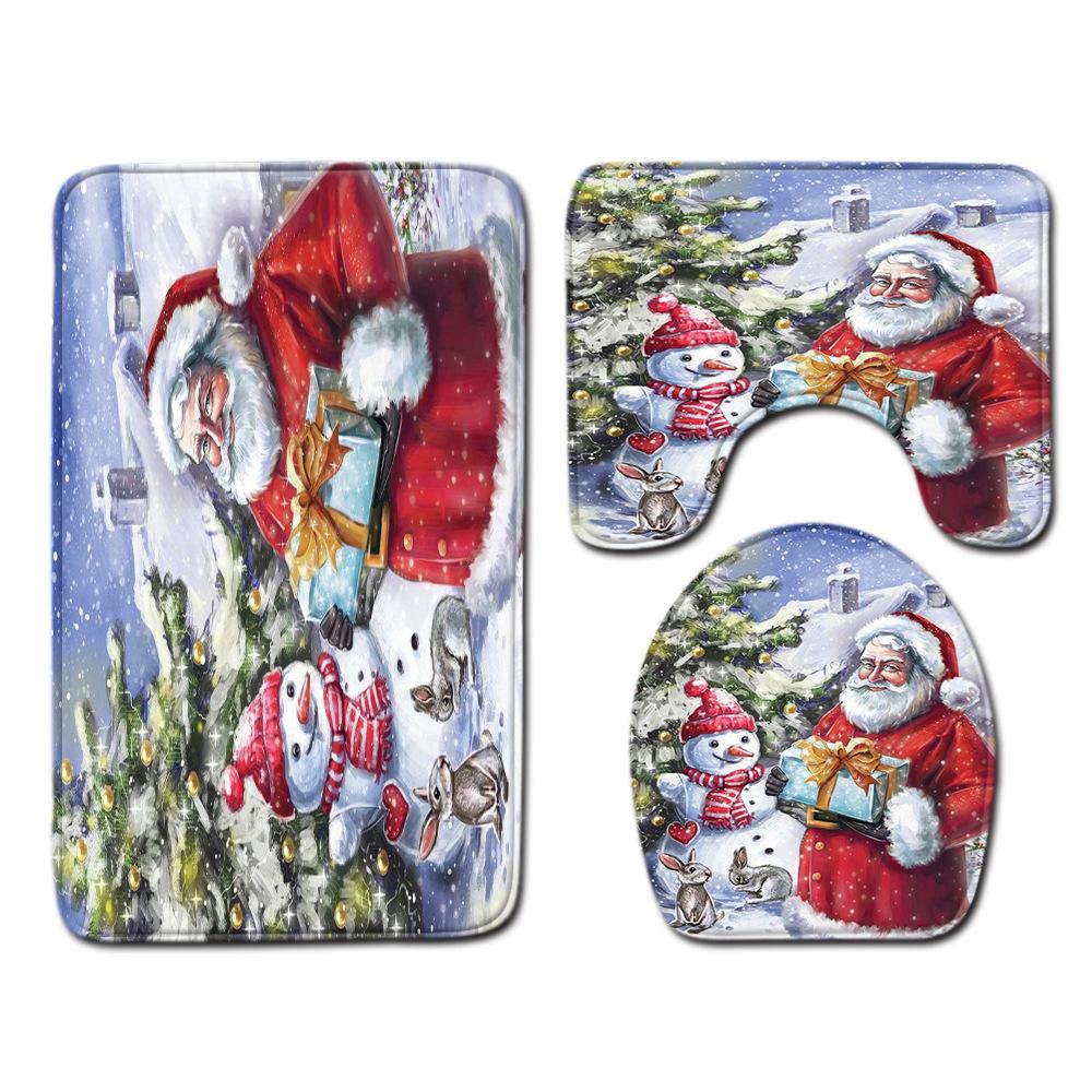Christmas Shower Curtain Floor Mat Combination Four-Piece Set Bathroom Toilet Carpet Shower Room Mat Foot Mat