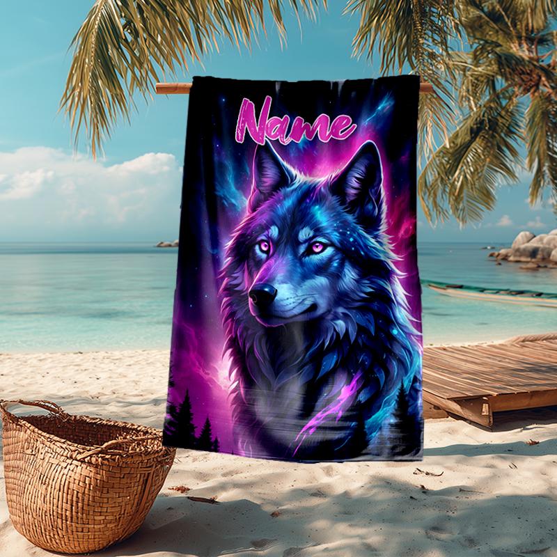 Custom Name Ultra-Soft Beach Towel with Wolf Theme,Ideal for Pool - Camping, Diving - Perfect Travel Essential, Vibrant Beach Towel.