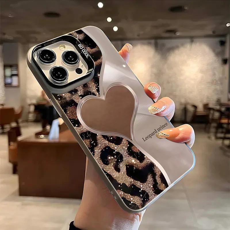 Leopard print heart-shaped design phone case suitable for iPhone 17 16 15 14 13 12 11 Pro/ Max /Plus anti-fall and shockproof