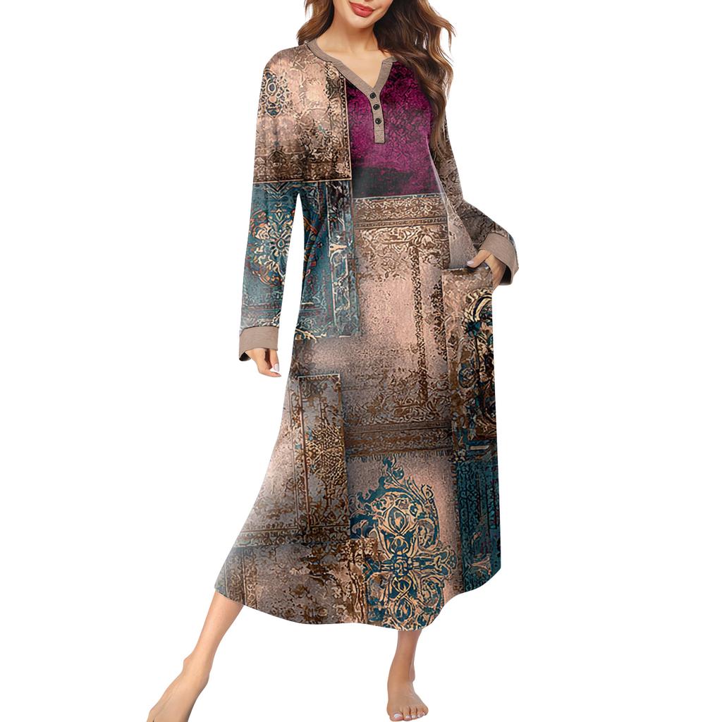 Женская ночная сорочка длинная домашняя одежда с V-образным вырезом и карманами