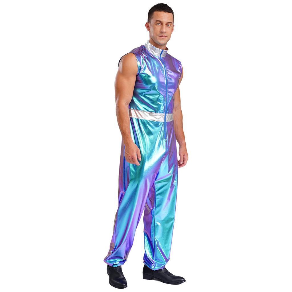 Mens Shiny Metallic Sleeveless Full Length Zipper Jumpsuit Bodysuit