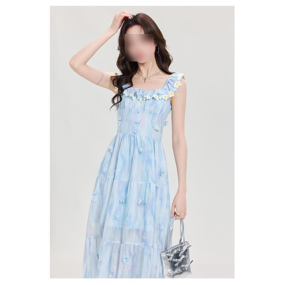 Французское платье-сарафан с квадратным вырезом и трехмерными цветами с открытыми плечами для девочек и девушек на лето, новое темпераментное и стройнящее длинное А-силуэта