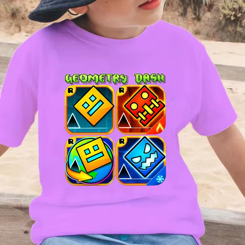 Geometry Dash Cartoon Print Kids Tshirt Childrens Clothing Summer Casual Crew Neck Short Sleeve Tee Girls Clothes Boys Tops