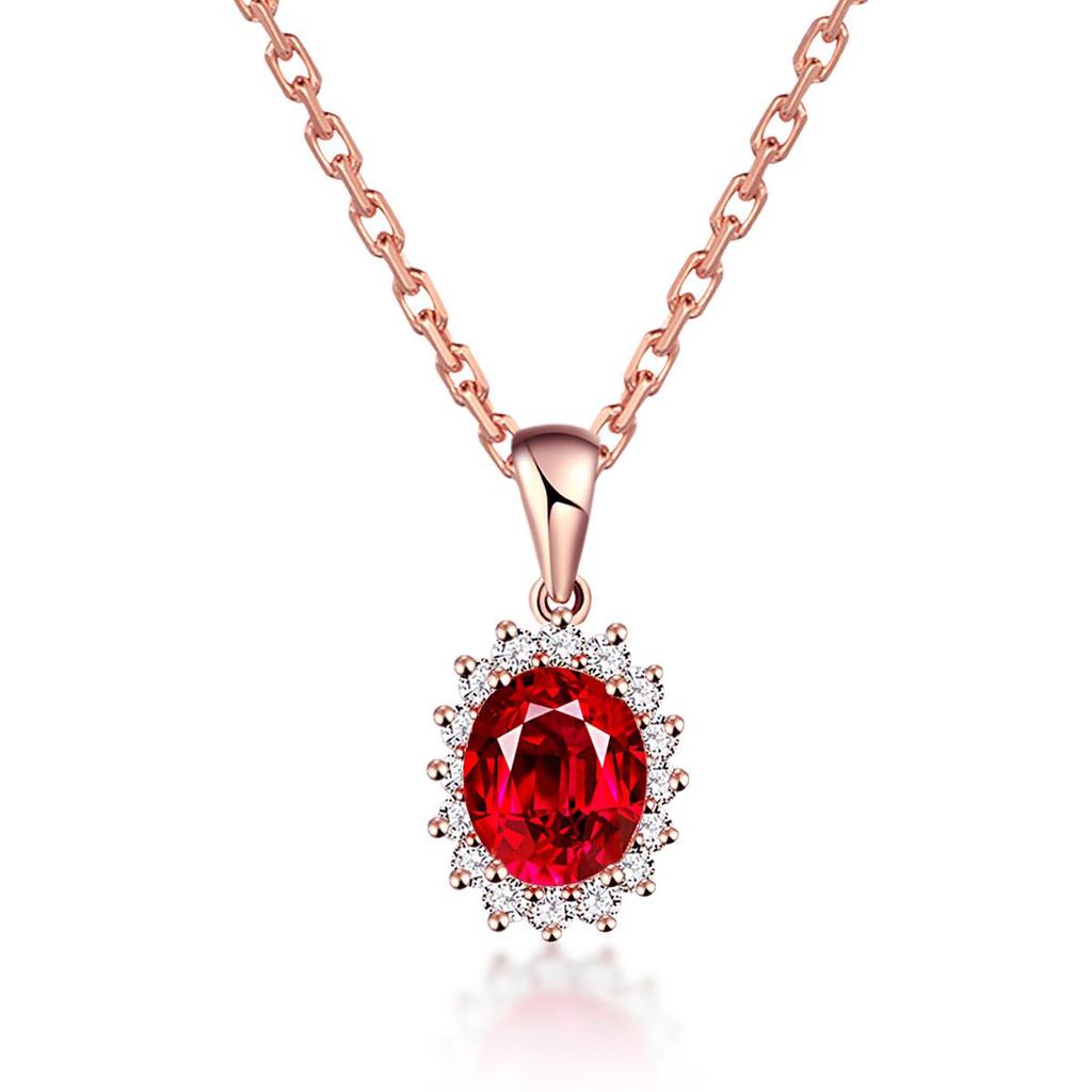 Sunflower Pendant Necklace with Pigeon Blood Ruby and Simulated 18K Gold Diamond On Rose Gold Clavicle Chain
