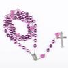 Charming Purple Color Rosary Necklace Women 8mm Round Glass Beaded Chain Cross Pendant Long Necklaces Praying Zircon Gifts