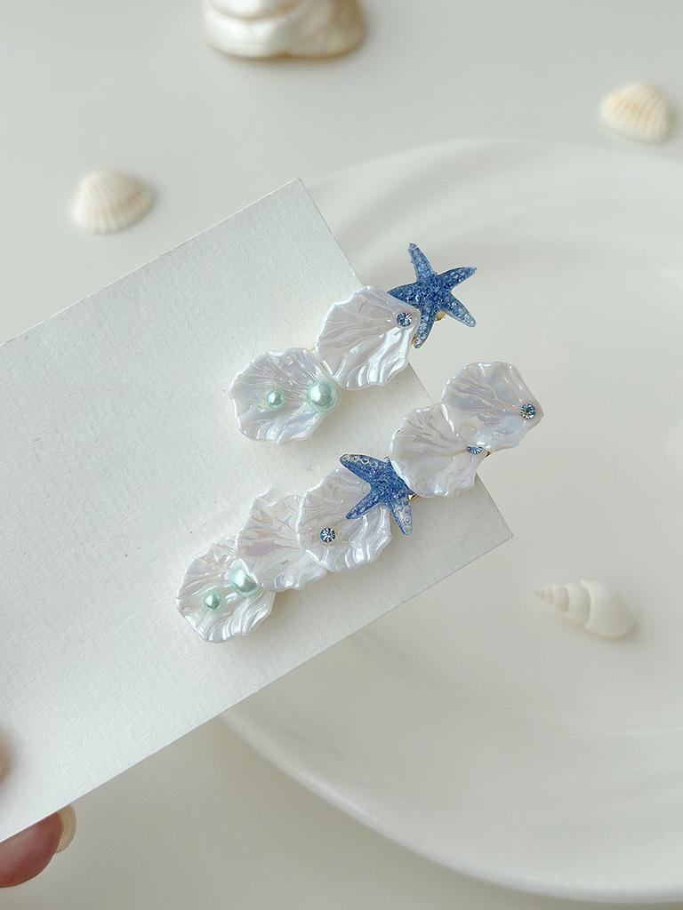 Asymmetrical Shell Starfish Pearl Hairpin Fresh Seaside Vacation Style Duck Bill Clip Fashionable Versatile Hair Accessories Women