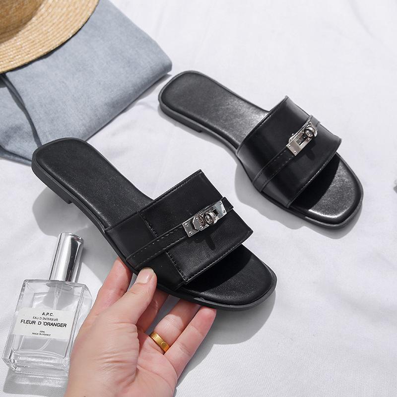 35-45 Large Size Korean Version of Small Silver Buckle One-word Drag 2024 Summer French Flat-bottomed Cool Slippers Half Slippers Outer Wear