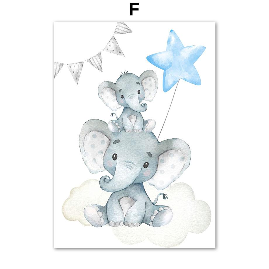 Blue Gray Elephant Moon Stars Nursery Wall Art Custom Boy Name Canvas Painting Poster And Print Baby Shower Gift Kids Room Decor
