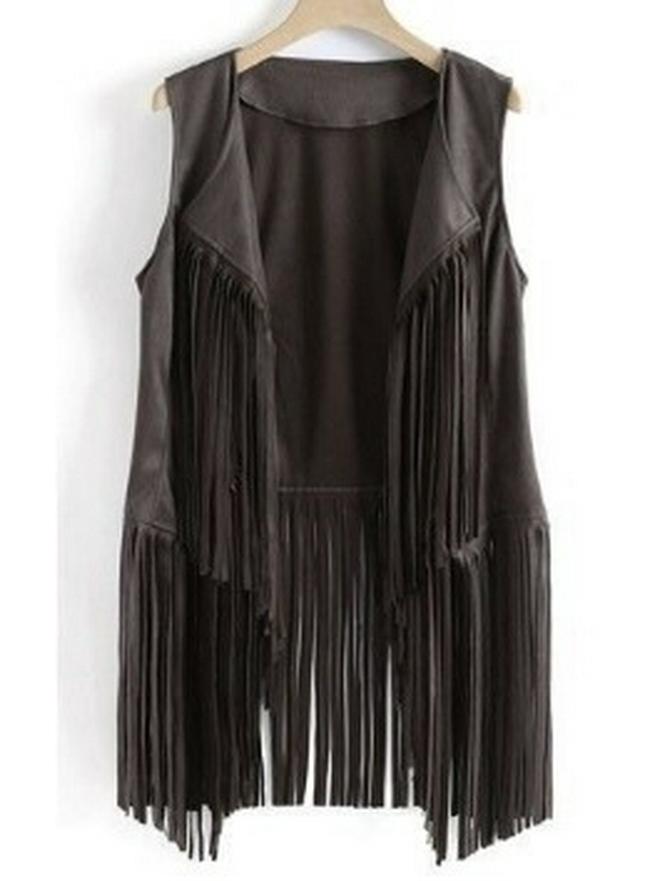 Женский летний жилет из оленьей кожи с кисточками: Однотонный, без рукавов, повседневный кардиган-топ