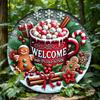 Christmas Themed Iron Wall Art Decor 7.8 Inch Round Metal Sign with Gingerbread and Holiday Mug Design Welcome Door Sign