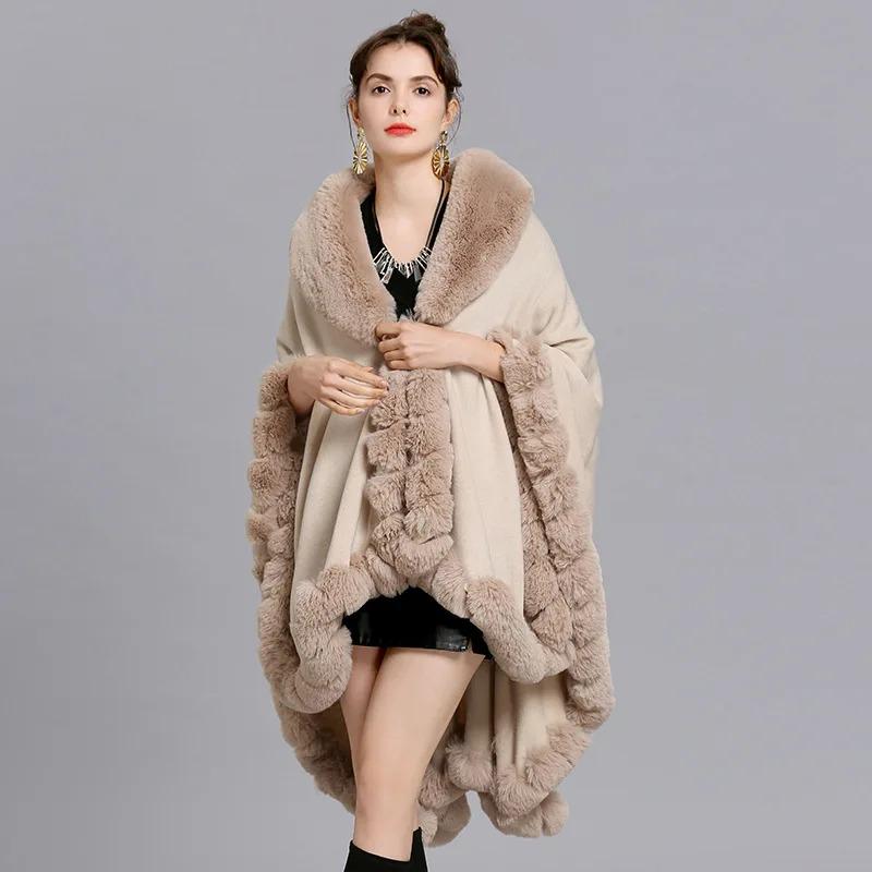 Oversize Winter Big Faux Fox Fur Neck Plus Size Poncho Out Streetwear Women Cloak Pashmina Batwing Sleeves Shawl Coat