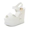 Gdgydh Summer Peep Toe Wedge Sandals Women Platform Increased Height Metal Decoration White Crystal Heeled Sandals Ankle Strap