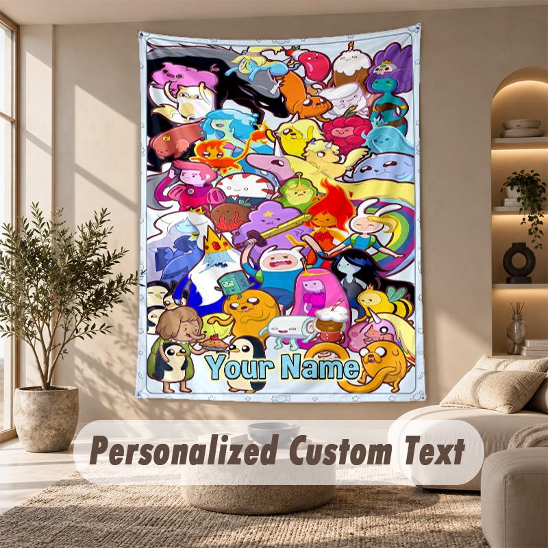 Adventure Time cartoon Tapestry, Personalized Custom Text, Wall Hanging Tapestry For Living Room Home Wall Decor
