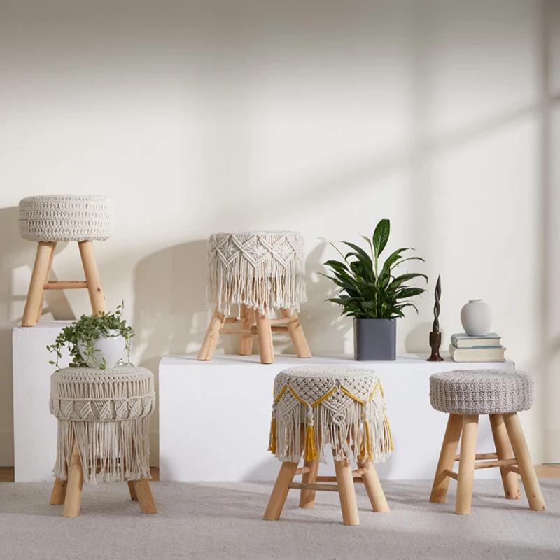 Solid Wood Nordic Makeup Stool Vintage Dressing Stool  Woven Fringe Round Seat  Upholstered Stool for Guesthouses