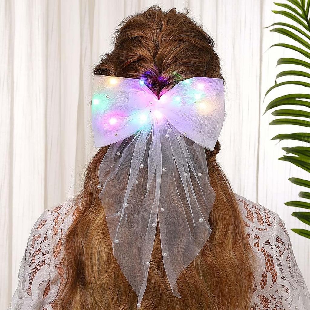 Jeairts Led Veil Bridal Bow Clip Pearl Wedding Hair Piece Glowing White Tulle Bow with Clip Bachelorette Party Hair Accessories for Women and Girls