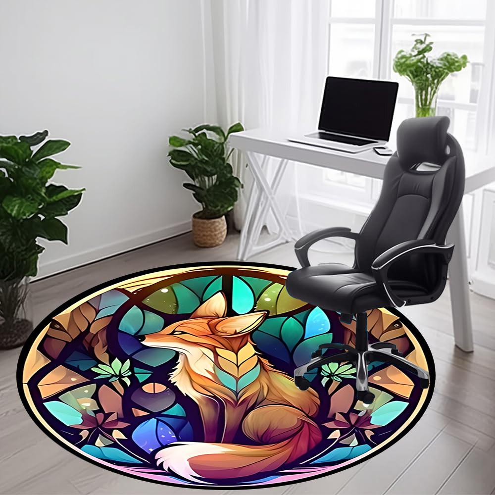 1pc Stained Glass Fox Office Round Area Rug, Indoor Mat Suitable ForOffice, Under Office Chairs Bedroom Living Room Home Decor, Room Deco D049