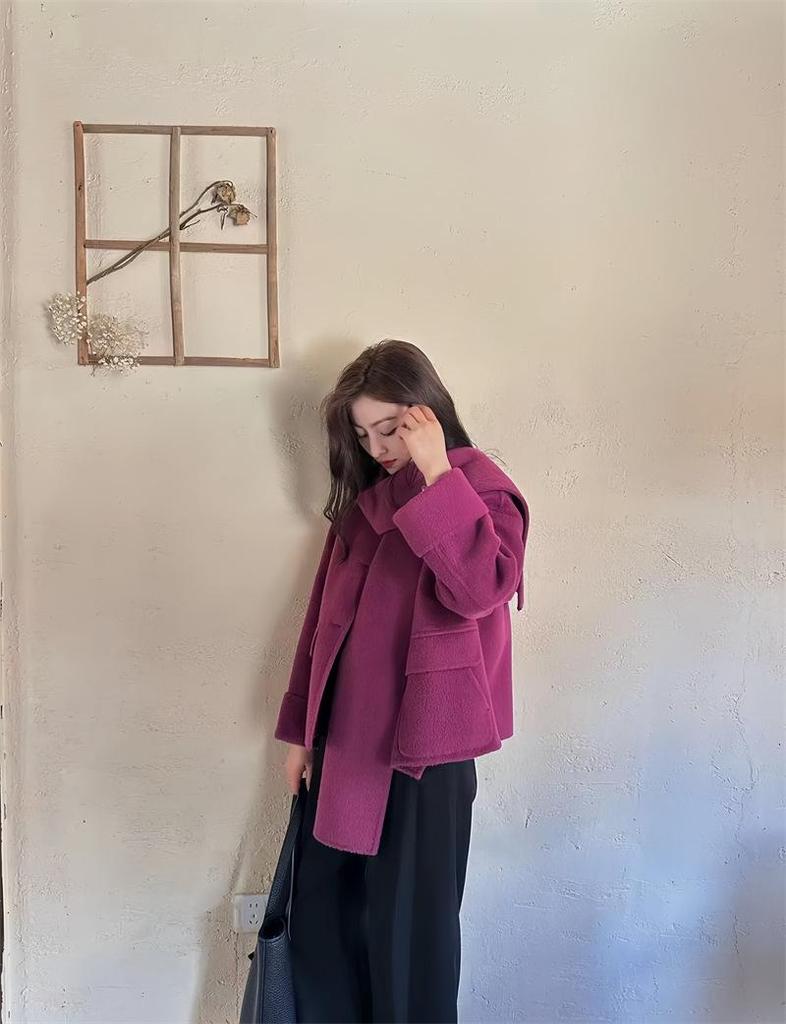 Women's Short Black Plum Purple Double-Sided Cashmere Wool Coat with Scarf Style, Korean Loose Fit