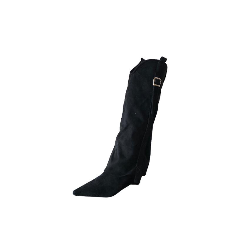 Осень-зима 2025 новые европейские и американские женские ботильоны на остром каблуке-шпильке с пряжкой, французский замшевый стиль, сексуальные, красивые