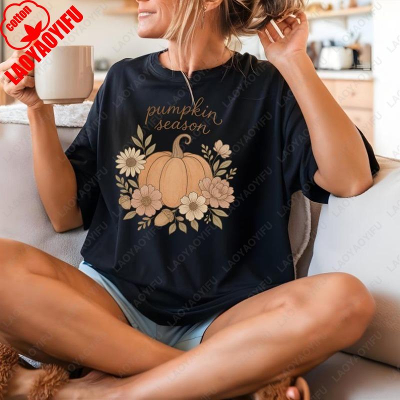 Хлопковая футболка 'Тыквенный сезон' Осенняя цветочная для женщин мужчин Милые топы на День Благодарения Осенний сезон Уютный наряд Популярные футболки Харадзюку