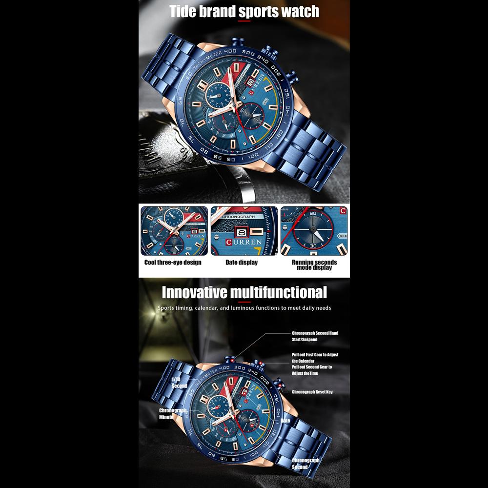 CURREN Watch for Men New Fashion Men Watches Quartz Wristwatches Stainless Steel Band Clock Male Chronograph Watches
