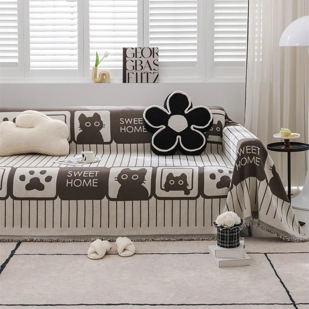Мягкие диванные полотенца с принтом кошек и цветов, покрывала для кемпинга, пикника, анти-кошачье полотенце, черный, белый цвет, хлопковый защитный коврик для дивана