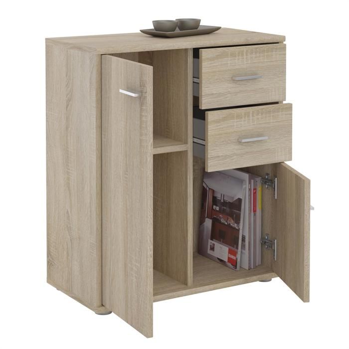 REMY sideboard, chest of drawers storage unit with 2 drawers and 2 doors, in melamine with Sonoma oak decor