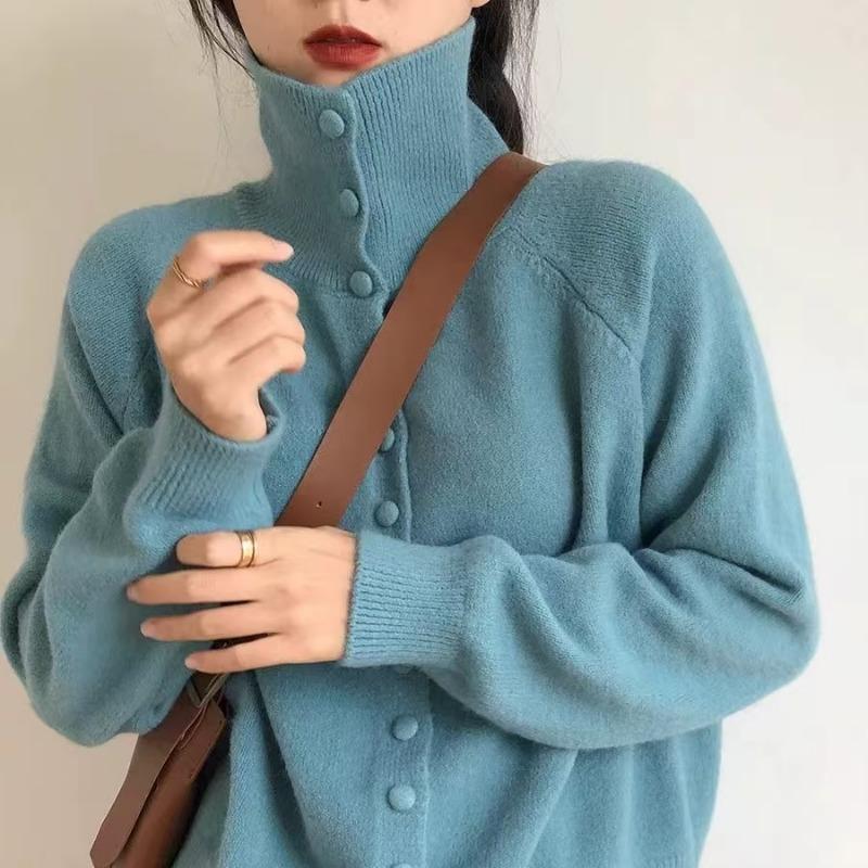 Autumn Winter Turtleneck Knitted Cardigan Women's Sweater Fashion Elegant Loose Long Sleeve Jackets New Retro Korean Style Office Casual Simple Coats