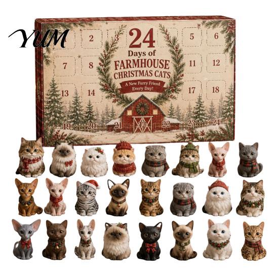 Advent Calendar for Girls Christmas Cat Calendar, 24 Day Countdown with Cute Ornaments, Gifts Children 2D Acrylic Kitty Holiday Decorations,