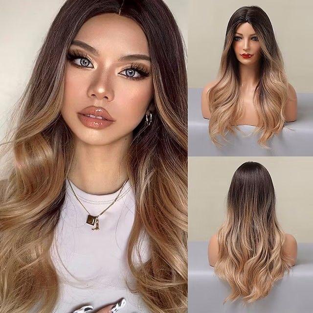 Коричневый золотой смешанный цвет средняя часть длинные волосы вьющиеся искусственные волосы набор большой волны градиентный парик с изменением