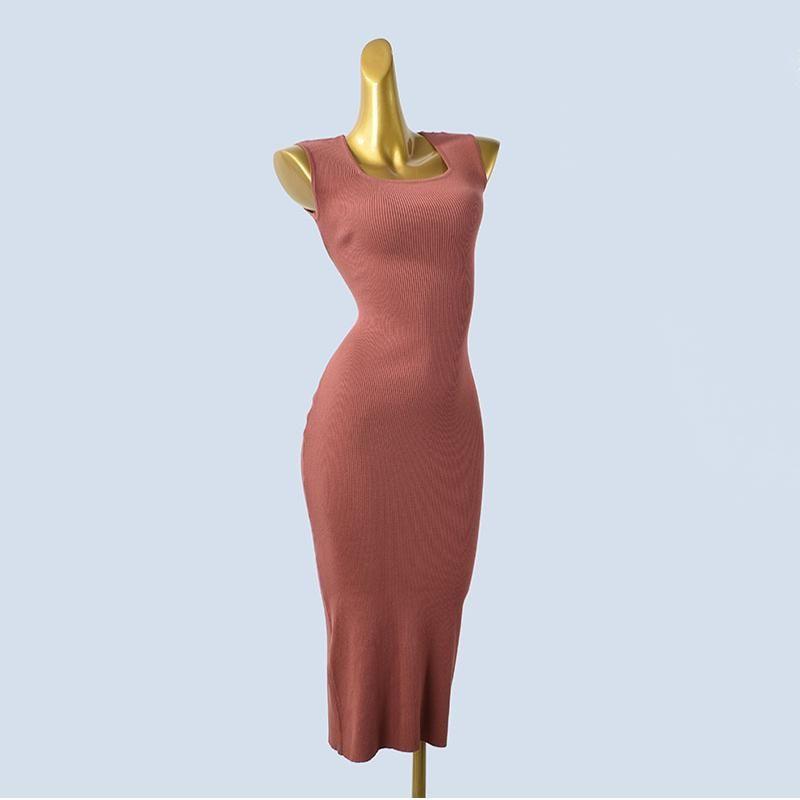 Trade Order U Collar European and American Sleeveless Open Waist Slim Fit Split Knitted Sheath Mid-Length Women Slimming Dress Spring and Autumn