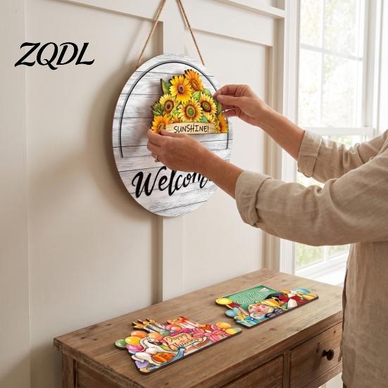 Interchangeable Seasonal Decorations Welcome Sign for Front Door, 12 Inch Round Wood Hanging Housewarming Gift For New Home with 15/16 Holiday