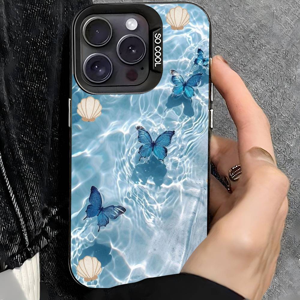 Blue Butterfly Ocean Waves Phone Case For iPhone 17 16 15 14 13 12 11 XS XR X Pro Max Plus Colored Silver Plated Cover