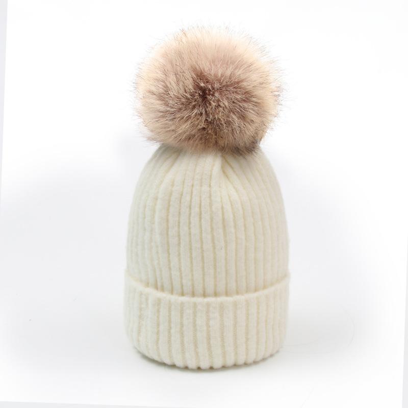 Winter adult mohair hidden button hairball knitted hat, solid color women's warm wool hat