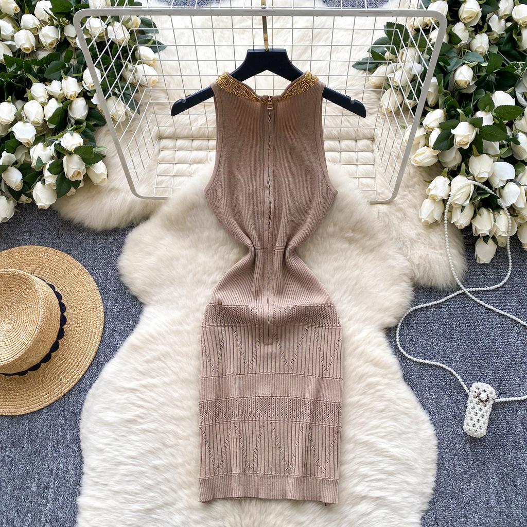 Летние женские бисерные воротник без рукавов вязаный свитер Y2K мини короткие облегающие платья-футляры