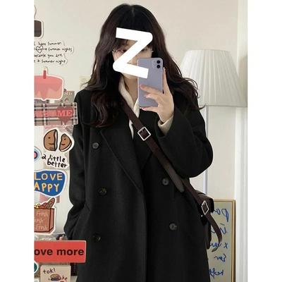 Черное шерстяное пальто женское длинное зимнее новое студенческое корейская версия свободное тонкое толстое шерстяное пальто.